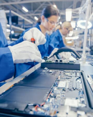 Close-Up of a Female Electronics Factory Worker in Blue Work Coat Assembling Laptop's Motherboard with a Screwdriver. High Tech Factory Facility with Multiple Employees.